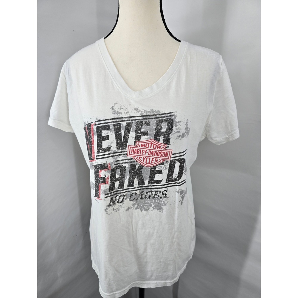 Harley-Davidson Womens‎ White V-Neck Graphic T-Shirt Never Faked No Cages Large